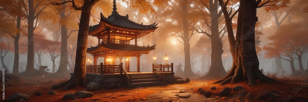 soft glow of lanterns in an autumn forest with a pagoda , warm, glow soft glow of lanterns in an autumn forest with a pagoda , warm, glow