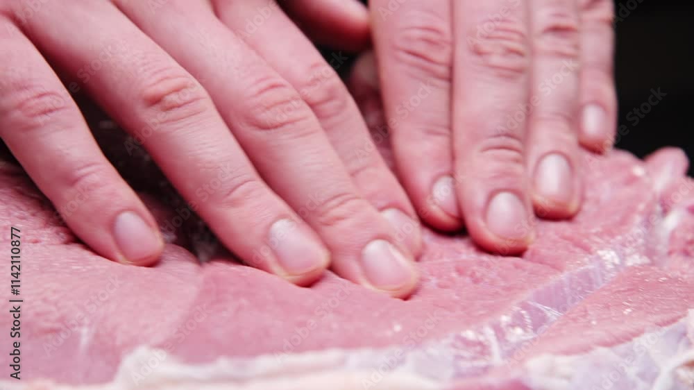 A professional massage therapist massages a piece of beef. Kneading and massaging a steak before grilling. Demonstrating the effect of massage on muscles A professional massage therapist massages a piece of beef. Kneading and massaging a steak before grilling. Demonstrating the effect of massage on muscles