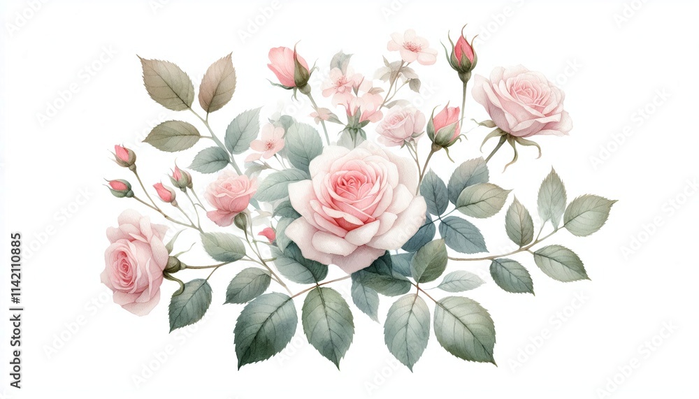 Watercolor illustration of soft pink roses with delicate leaves Watercolor illustration of soft pink roses with delicate leaves