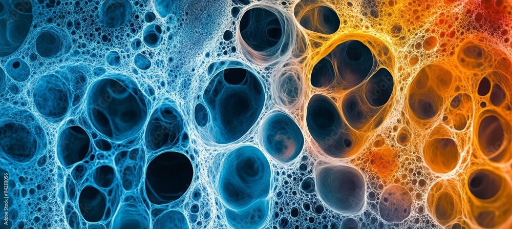Vibrant Microscopic Abstract Background with Interconnected Cellular Structures in Orange And Blue Vibrant Microscopic Abstract Background with Interconnected Cellular Structures in Orange And Blue