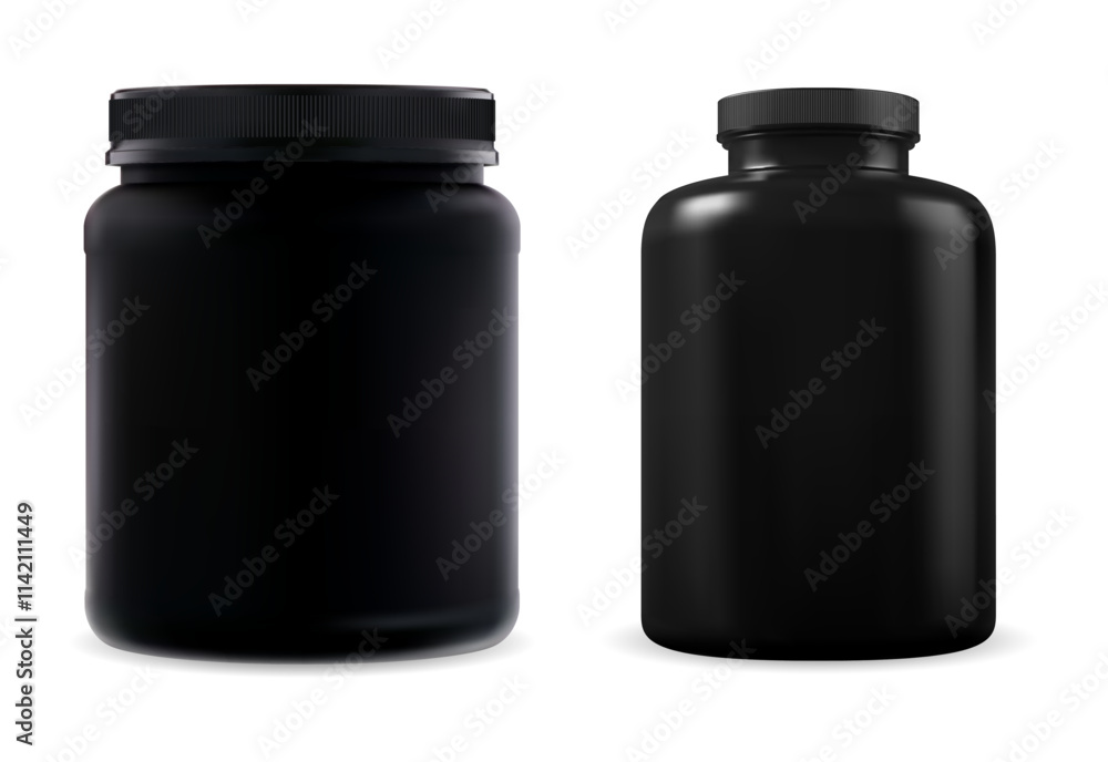 Fotografie Black plastic sport supplement bottle set