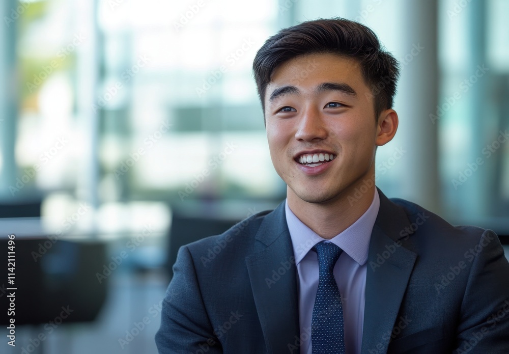Professional young man in a suit smiling confidently in a modern office environment, showcasing positive demeanor and approachability in business setting Professional young man in a suit smiling confidently in a modern office environment, showcasing positive demeanor and approachability in business setting
