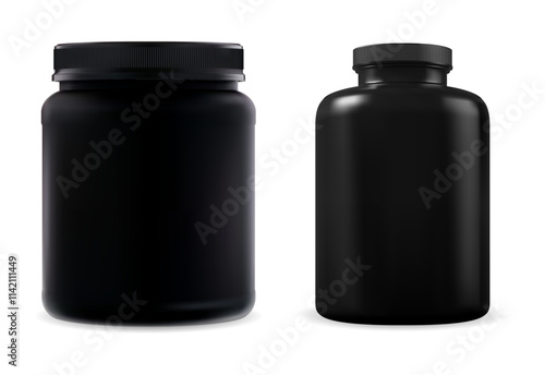 Black plastic sport supplement bottle set. Medical pill jar vector mockup. Whey protein sport nutrition packaging mock up. Vitamin capsule box template. Prescription remedy bottle blank