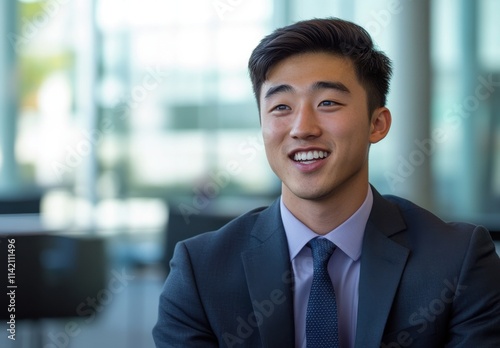 Professional young man in a suit smiling confidently in a modern office environment, showcasing positive demeanor and approachability in business setting