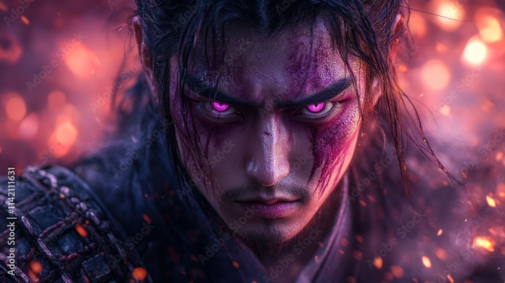 Intense close-up portrait of a fierce samurai warrior with pink glowing eyes and blood-like markings on his face, set against a fiery background. Intense close-up portrait of a fierce samurai warrior with pink glowing eyes and blood-like markings on his face, set against a fiery background.