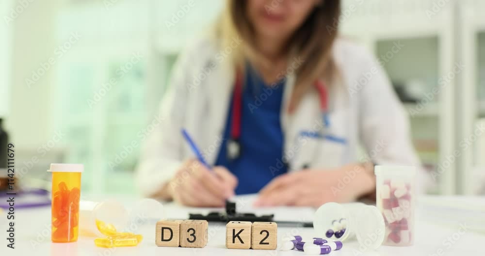 A knowledgeable doctor conducts a thorough review of vitamin D3 and K2 supplements in a clinical healthcare setting A knowledgeable doctor conducts a thorough review of vitamin D3 and K2 supplements in a clinical healthcare setting
