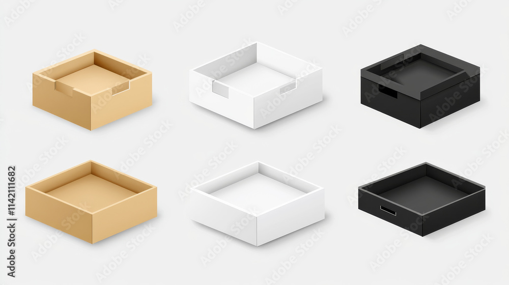 3D mockup of open white boxes top view. Square and rectangle cardboard packages showcasing lids and empty interiors for presentations, container designs, or product displays. Realistic vector set. 3D mockup of open white boxes top view. Square and rectangle cardboard packages showcasing lids and empty interiors for presentations, container designs, or product displays. Realistic vector set.