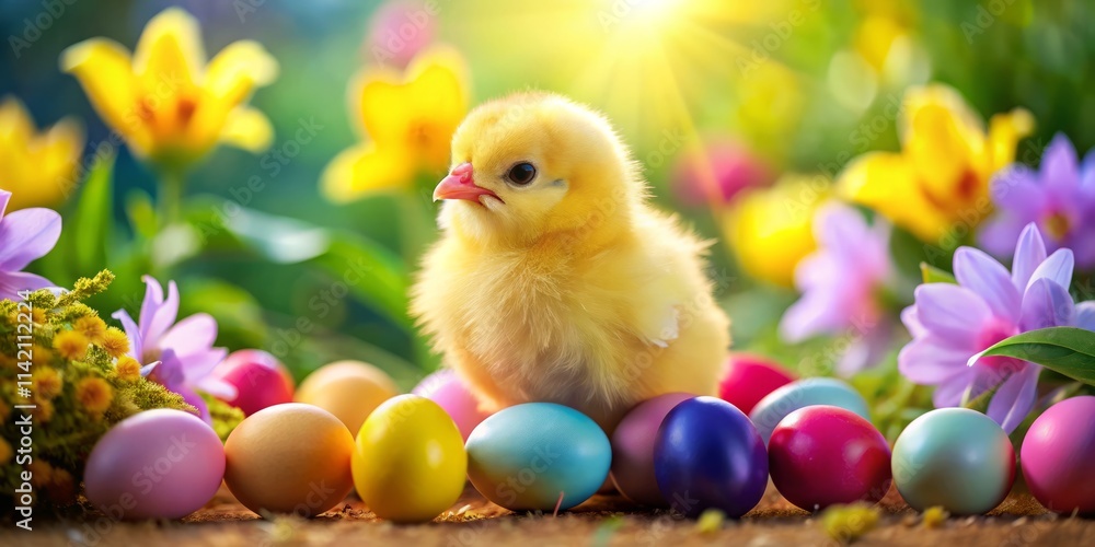Close-Up Easter Chicken & Colorful Eggs with Spring Blossoms - Spring Holiday Celebration Close-Up Easter Chicken & Colorful Eggs with Spring Blossoms - Spring Holiday Celebration