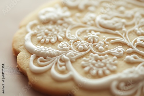 Delicate White Icing Decorates Round Sugar Cookie photo