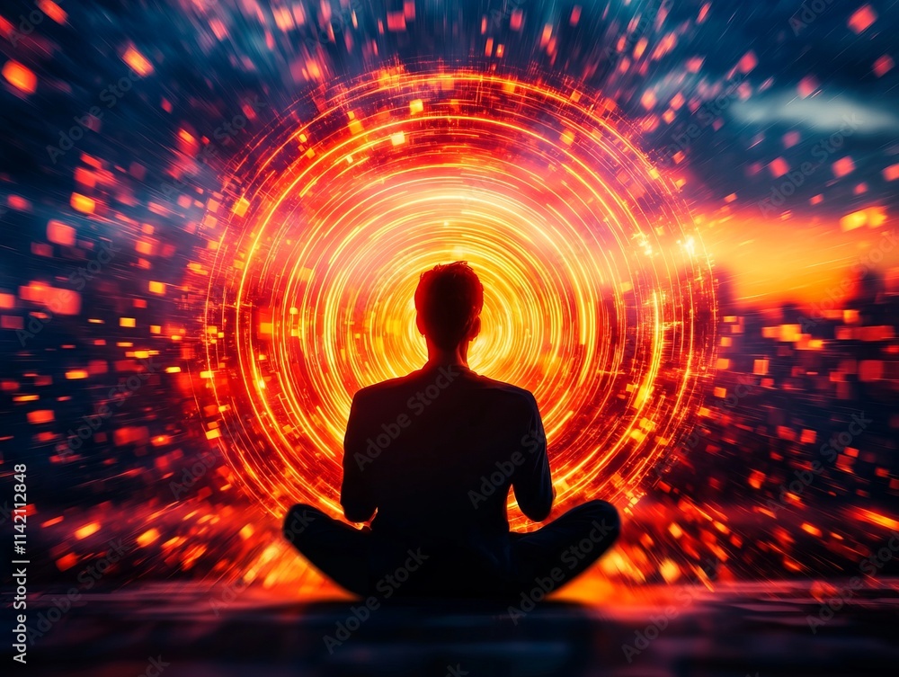 Meditative figure surrounded by vibrant, swirling energy and light patterns. Meditative figure surrounded by vibrant, swirling energy and light patterns.