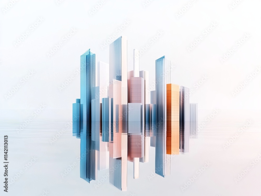 Modern city skyline reflection with colorful buildings in a serene atmosphere. Modern city skyline reflection with colorful buildings in a serene atmosphere.