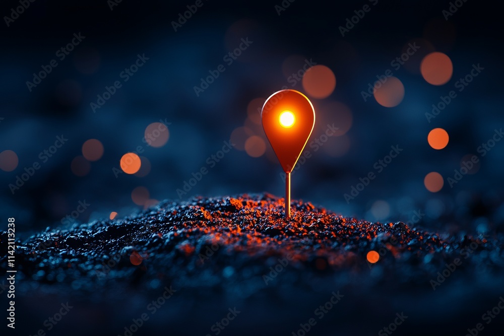 Illuminated location pin on textured surface with a dark, moody background. Illuminated location pin on textured surface with a dark, moody background.