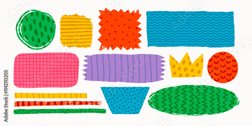 Simple shape stickers with various patterns in rough rustic style. Hand drawn vintage badges, banners and other forms with textures and patterns. Hand-drawn infographic Vector collection
