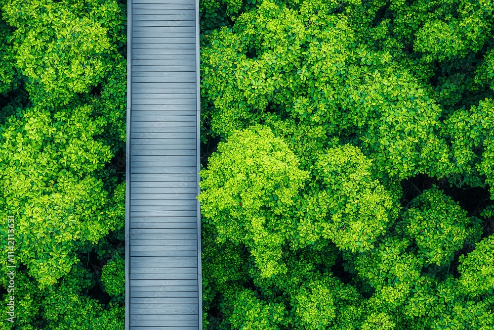 Wooden pathway through lush green foliage in a serene natural environment. Wooden pathway through lush green foliage in a serene natural environment.