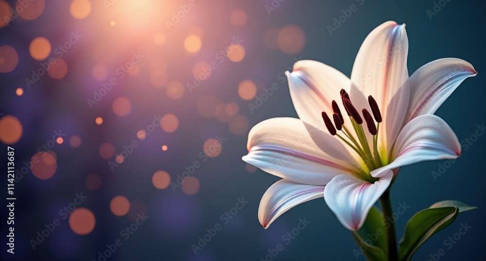 Delicate white lilies, symbolizing purity and Easter, glowing with golden fireflies and party lights. HD quality, 4k image with a purple and silver color palette. Delicate white lilies, symbolizing purity and Easter, glowing with golden fireflies and party lights. HD quality, 4k image with a purple and silver color palette.