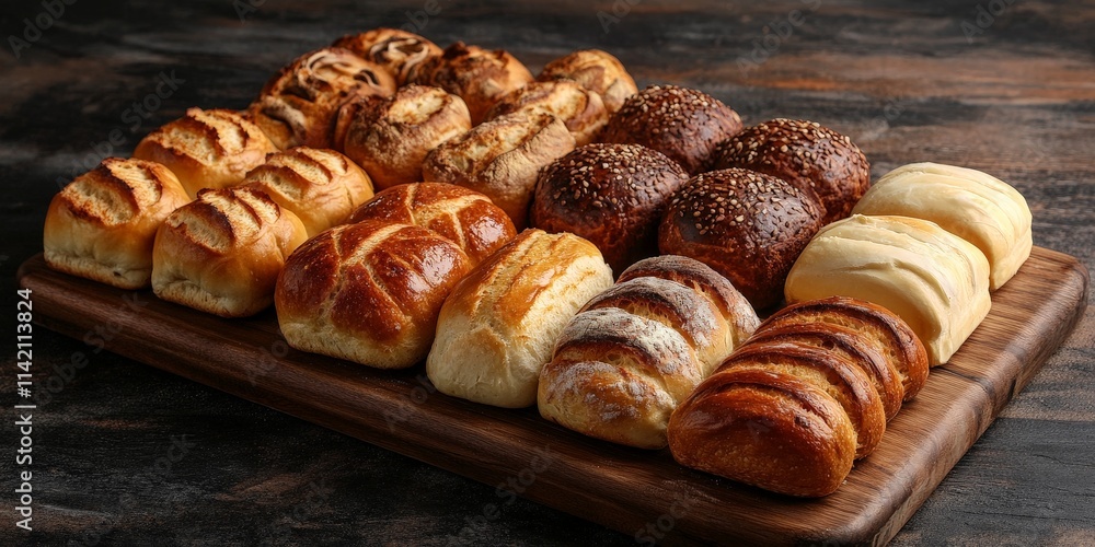 Fresh Bread Selection on Rustic Wooden Plate Fresh Bread Selection on Rustic Wooden Plate