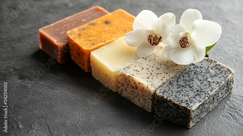 Variety of Organic Soap Bars with Natural Ingredients and Delicate Orchid, Promoting Relaxation