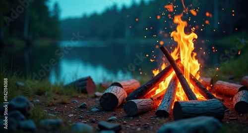 Campfire (Summer Camping) – A fire pit surrounded by logs or chairs. A warm campfire crackling under the stars, surrounded by logs in a peaceful summer night setting. 