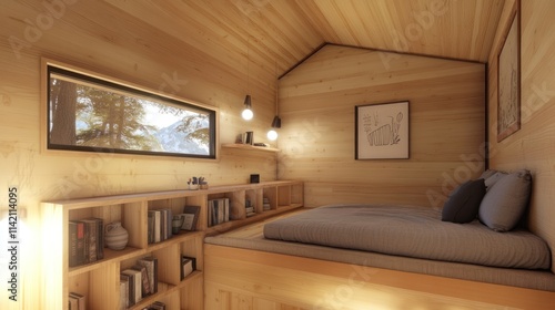 Cozy wooden cabin bedroom with built-in shelving and window view.