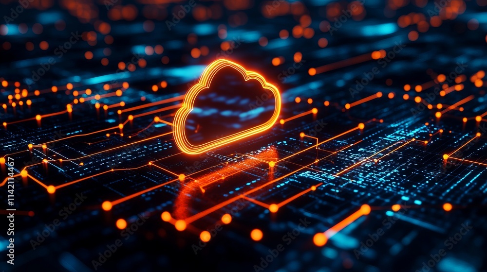 Digital cloud icon glowing on a tech background, symbolizing cloud computing and data connectivity. Digital cloud icon glowing on a tech background, symbolizing cloud computing and data connectivity.