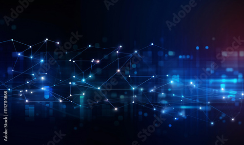 Electric light blue global network. Tech background. Cyber network. Digital concept. Electronics pattern or texture. Blurred bokeh style background.