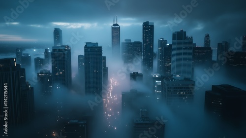 Misty Skyscrapers Over a Foggy Cityscape - Made with Generative AI photo