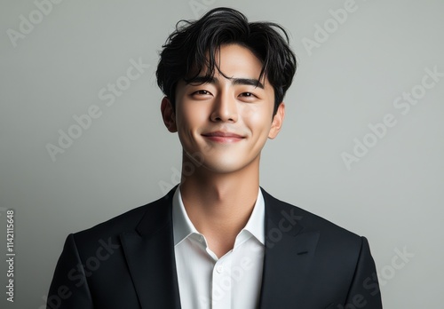 Stylish Young Man in Business Attire with a Pleasant Smile Against a Minimalist Gray Background, Perfect for Professional and Corporate Themes