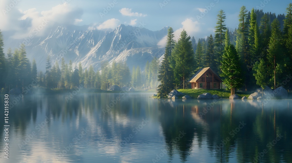A tranquil lakeside cabin surrounded by snow-capped mountains, reflected in still blue waters under a clear morning sky, creating a serene setting. A tranquil lakeside cabin surrounded by snow-capped mountains, reflected in still blue waters under a clear morning sky, creating a serene setting.