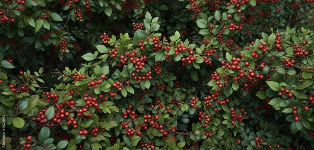 High-angle view of a dense thicket of wild lingonberry bushes with red berries, bush, foliage, forest High-angle view of a dense thicket of wild lingonberry bushes with red berries, bush, foliage, forest