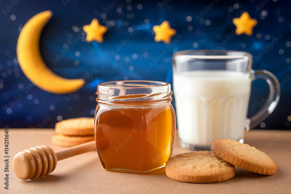 Nighttime snack scene with cookies, milk, and honey under tranquil moonlight Nighttime snack scene with cookies, milk, and honey under tranquil moonlight