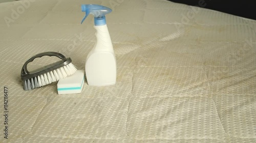 A spray bottle with a sponge and brush on a dirty mattress with yellow stains