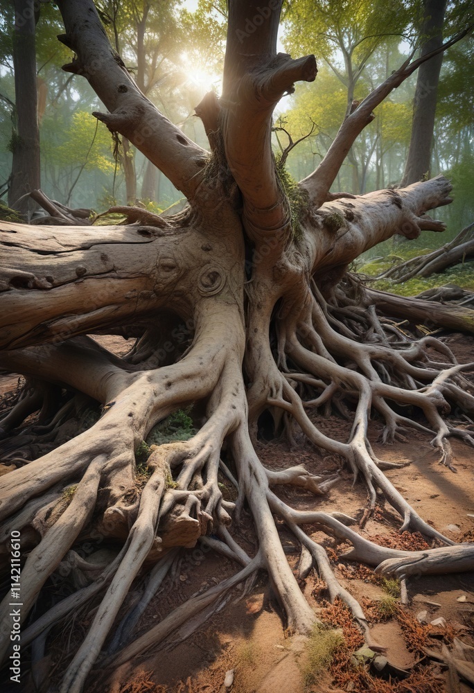 Gnarled tree roots twisting around a fallen log, natural, wilderness, roots Gnarled tree roots twisting around a fallen log, natural, wilderness, roots