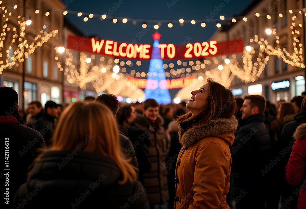 A vibrant city square is adorned with twinkling lights, holiday decorations, and a prominent banner that reads Welcome to 2025 A vibrant city square is adorned with twinkling lights, holiday decorations, and a prominent banner that reads Welcome to 2025