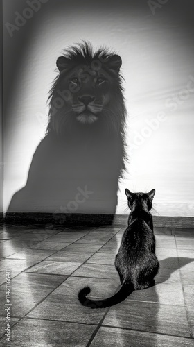 Black and white portrait of a lion with a cat sitting beside it