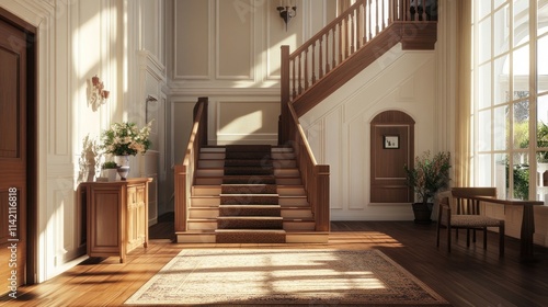 Elegant foyer with staircase and natural light.