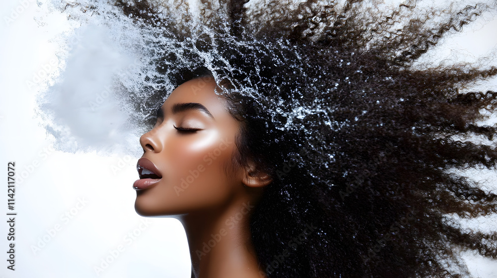 closeup of beautiful black african american young female model woman shaking her beautiful afro hair in motion. ad for shampoo conditioner hair products. isolated on white background. closeup of beautiful black african american young female model woman shaking her beautiful afro hair in motion. ad for shampoo conditioner hair products. isolated on white background.