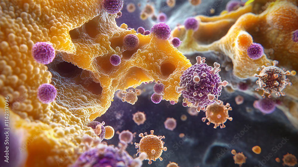 Microscopic World: A dramatic, close-up view into the intricate world of viruses, showcasing the microscopic battlegrounds of the human body. The colorful. Microscopic World: A dramatic, close-up view into the intricate world of viruses, showcasing the microscopic battlegrounds of the human body. The colorful.
