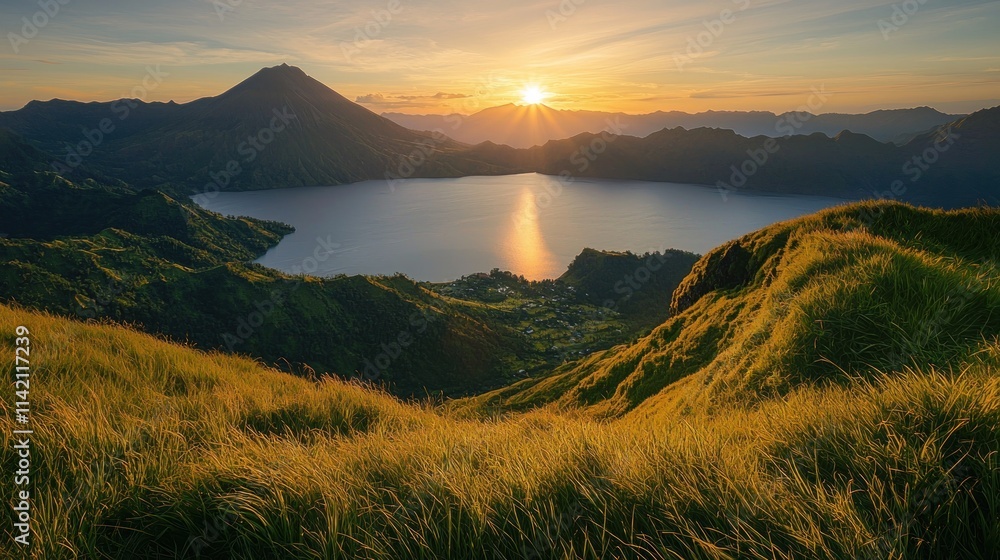 Obraz premium A sunrise over a mountain range, symbolizing the continuous cycle of existence.
