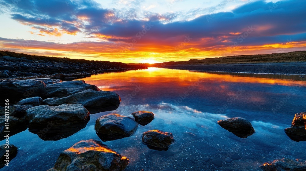 Sunset Over Calm River Surrounded by Rocks and Colorful Sky Sunset Over Calm River Surrounded by Rocks and Colorful Sky