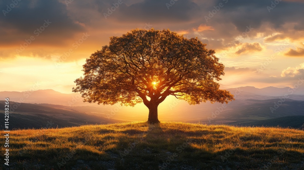 Lone tree at sunset with dramatic clouds and warm light Lone tree at sunset with dramatic clouds and warm light