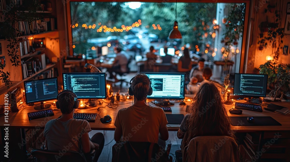 Obraz premium Software Developers Working Late Night in Coworking Space