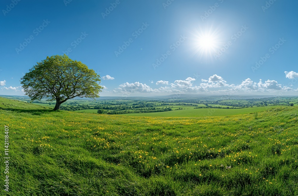 Fototapeta premium Vibrant Green Meadow Under Bright Sunlight with a Solitary Tree and Blue Sky in a Beautiful Natural Landscape
