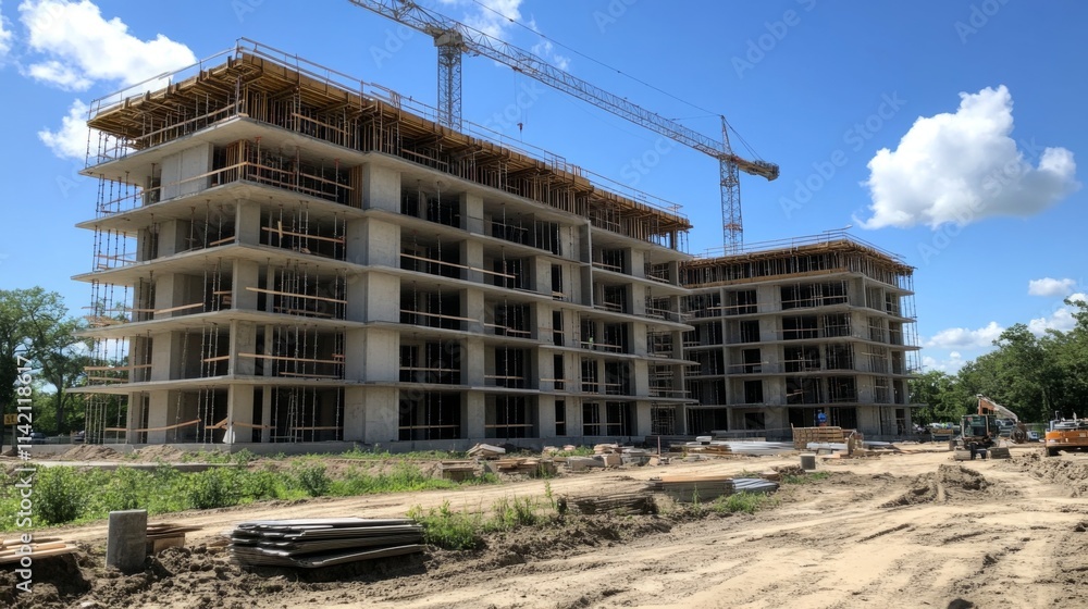 Fototapeta premium Construction site with unfinished building and crane under cloudy sky