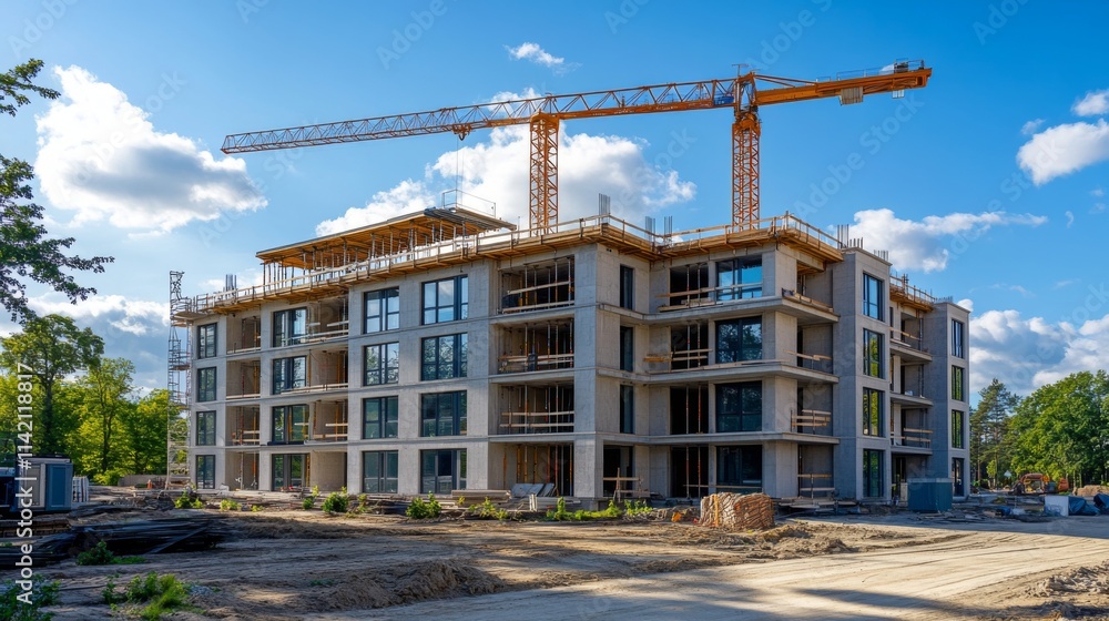 Partially completed apartment building with crane under a clear sky Partially completed apartment building with crane under a clear sky