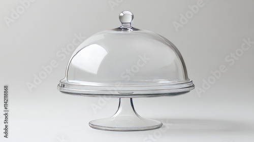 Glass cake stand plate and dome cover. Realistic 3d vector illustration set of plastic transparent tray for sweet dessert food safe display and storage. Empty glassware showcase platter and cloche.