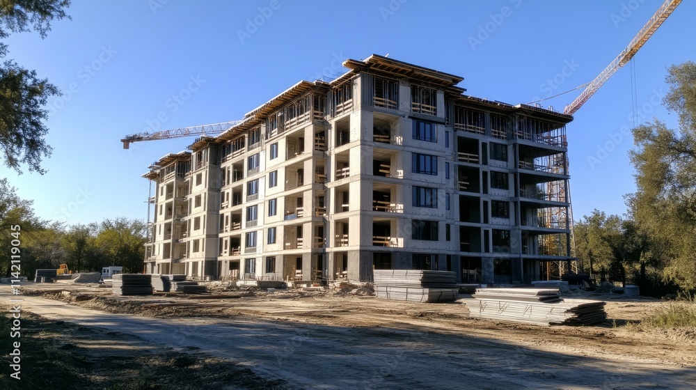 Unfinished residential apartment building with crane under clear blue sky Unfinished residential apartment building with crane under clear blue sky