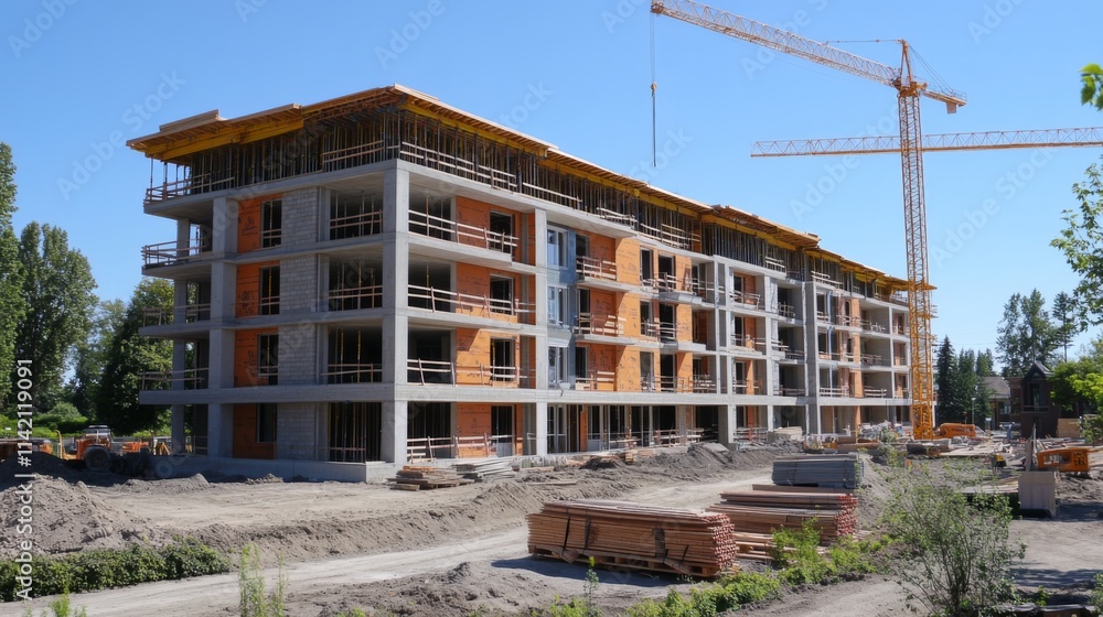 Construction crane operating on an unfinished apartment building under a blue sky Construction crane operating on an unfinished apartment building under a blue sky