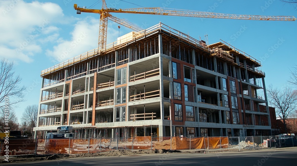 Residential building under construction with cranes against a blue sky