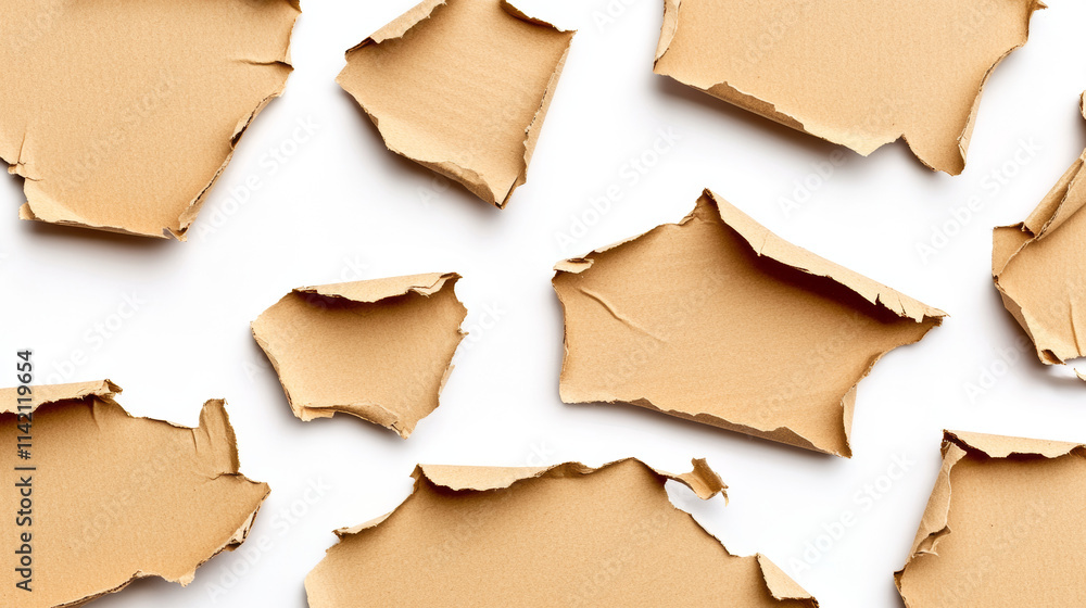 Torn cardboard paper set. Brown ragged ripped sheets pieces with corrugated texture isolated on white background, edge blank mock up for ads design. Realistic 3d vector illustration, icon, clip art Torn cardboard paper set. Brown ragged ripped sheets pieces with corrugated texture isolated on white background, edge blank mock up for ads design. Realistic 3d vector illustration, icon, clip art
