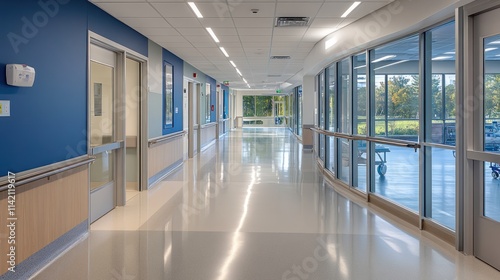 Clean hospital corridor with natural light.